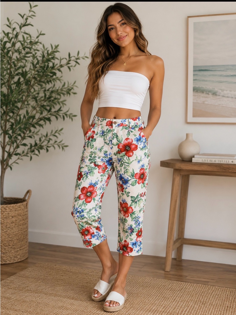 Kim Rogers Floral Jean Style Cropped Pants Size 10 Tropical